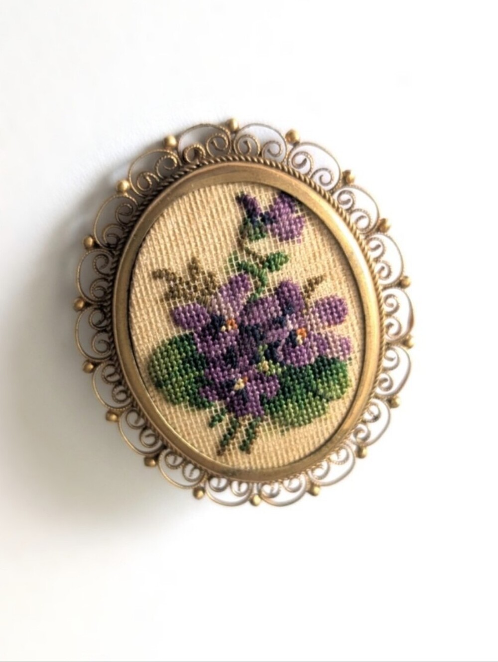 Vintage Victorian Style Petit Point Brooch Pin Hand stitched violets flowers